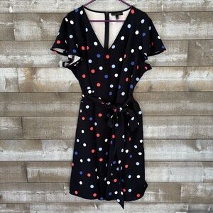 Lane Bryant Navy Blue Polka Dot V‑Neck Tie‑Waist Mini Dress
